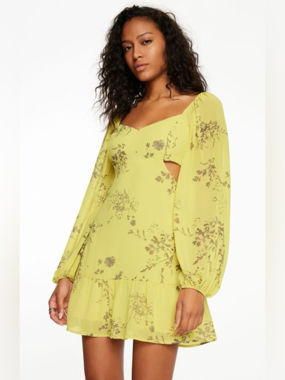 Dynamite Yellow Floral Puff-Sleeve Mini Dress